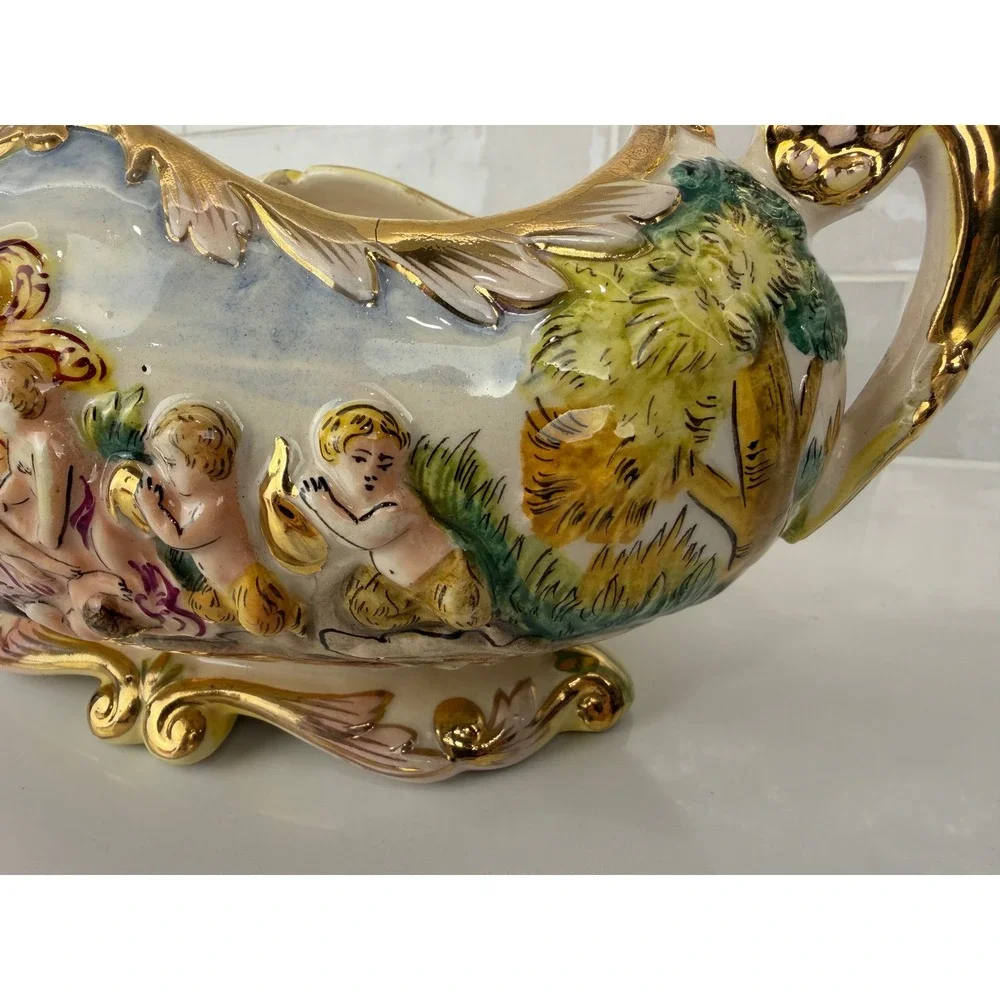 Capodimonte Italy Ceramic Centerpiece Bowl Relief Mythological Cherub Gold Gilt